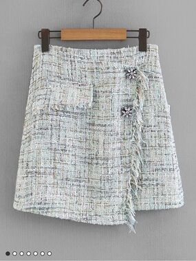 Pastel Tweed A-Line Mini Skirt with Fringe and Jewel Buttons